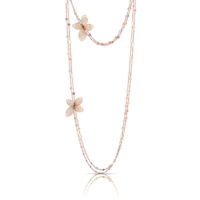 Collana lunga in Oro rosa 18kt con due fiori tempestati di diamanti bianchi e diamanti champagne.