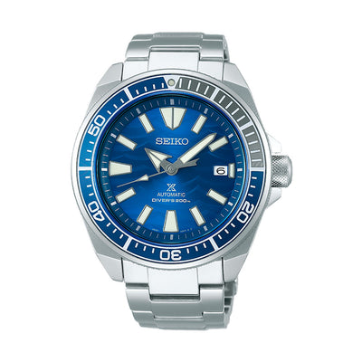 Il Prospex Samurai "Save the Ocean" è l'orologio Seiko dedicato alla Manta. Un segnatempo da uomo con Cassa e Cinturino in acciaio, Quadrante blu, data situata a ore 3 e Movimento Automatico.