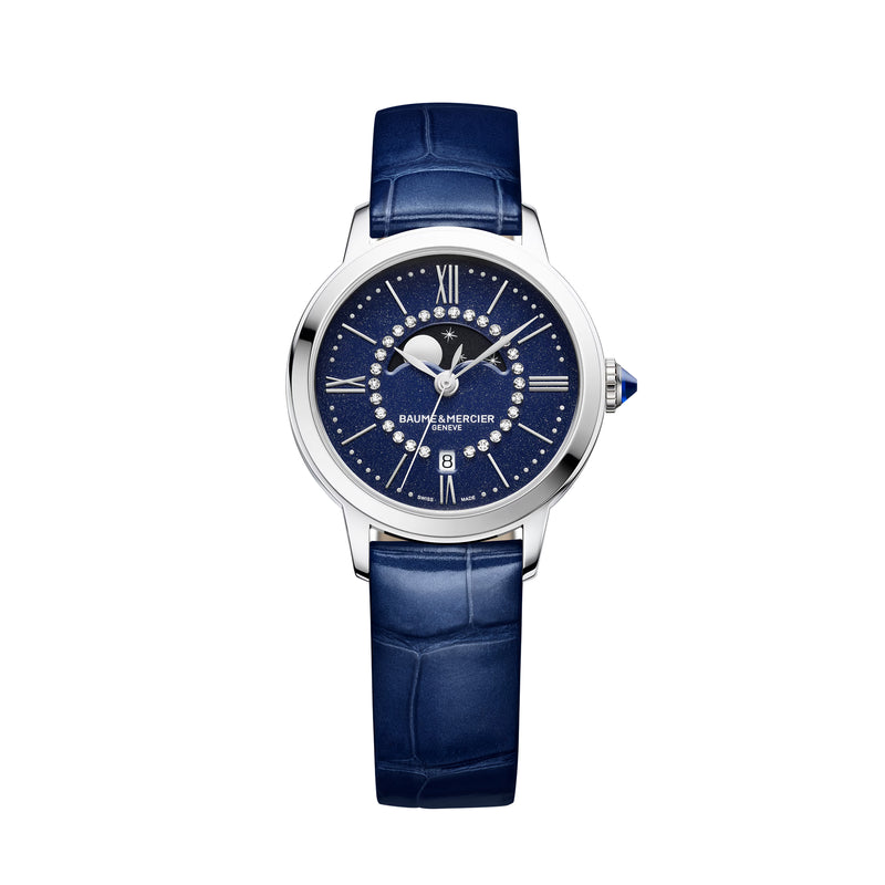 Baume & Mercier: Classima 10804 - Orologio da donna con fasi lunari in EDIZIONE LIMITATA. Cassa da 31MM in acciaio, quadrante blu con diamanti, cinturino in pelle blu e movimento al quarzo.