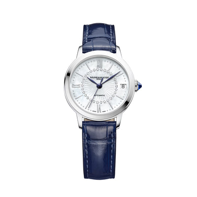 Baume & Mercier: Classima 10806 - Orologio da donna in EDIZIONE LIMITATA con cassa da 31MM in acciaio, quadrante in madreperla e diamanti, cinturino in pelle blu e movimento automatico.