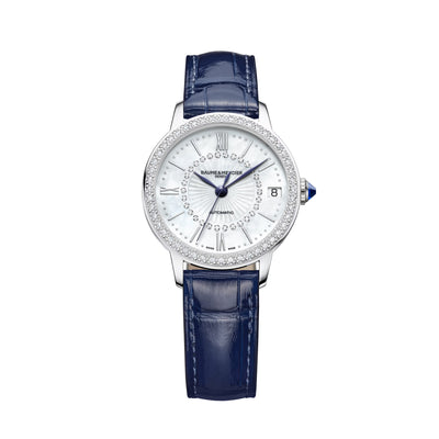 Baume & Mercier: Classima 10808 - Orologio da donna in EDIZIONE LIMITATA con cassa da 31MM in acciaio e diamanti, quadrante in madreperla e diamanti, cinturino in pelle blu e movimento automatico.