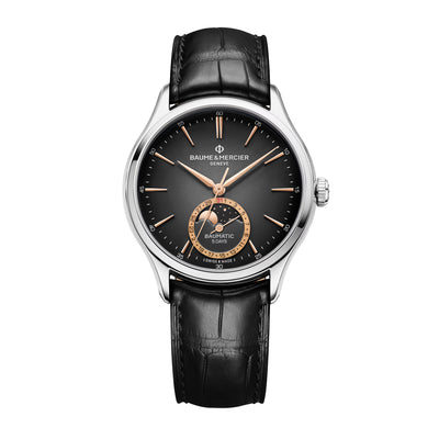 Baume & Mercier: Clifton Baumatic 10758 - Orologio automatico con cassa da 39MM, quadrante grigio sfumato con fasi lunari e cinturino in pelle nera.