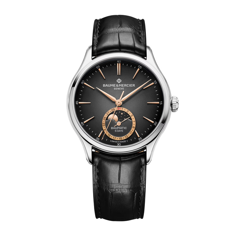 Baume & Mercier: Clifton Baumatic 10758 - Orologio automatico con cassa da 39MM, quadrante grigio sfumato con fasi lunari e cinturino in pelle nera.