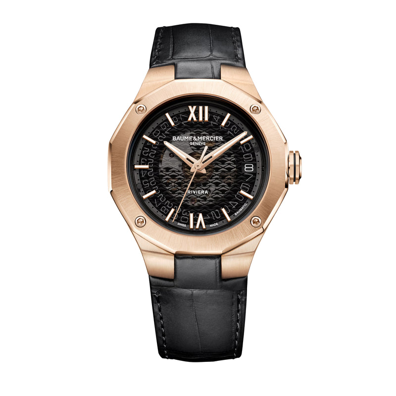 Baume & Mercier: Riviera 10787 - Orologio automatico da uomo con cassa in oro rosa da 39MM, quadrante nero fumé e cinturino in alligatore nero.