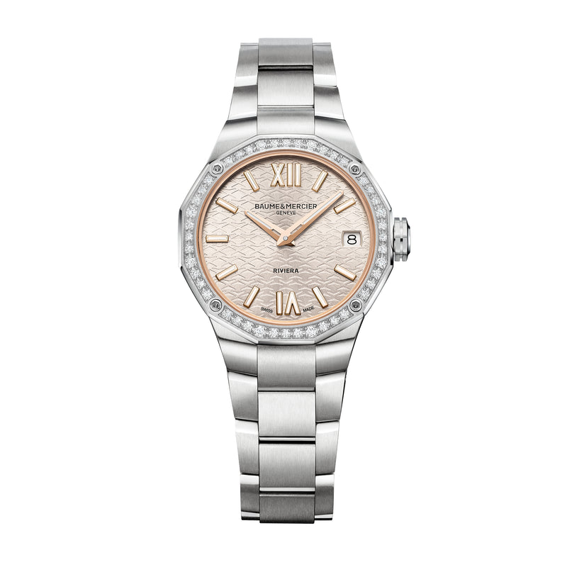 Baume & Mercier: Riviera 10796 - Orologio al quarzo da donna con cassa da 33MM in acciaio, diamanti sulla lunetta e quadrante color pesca.