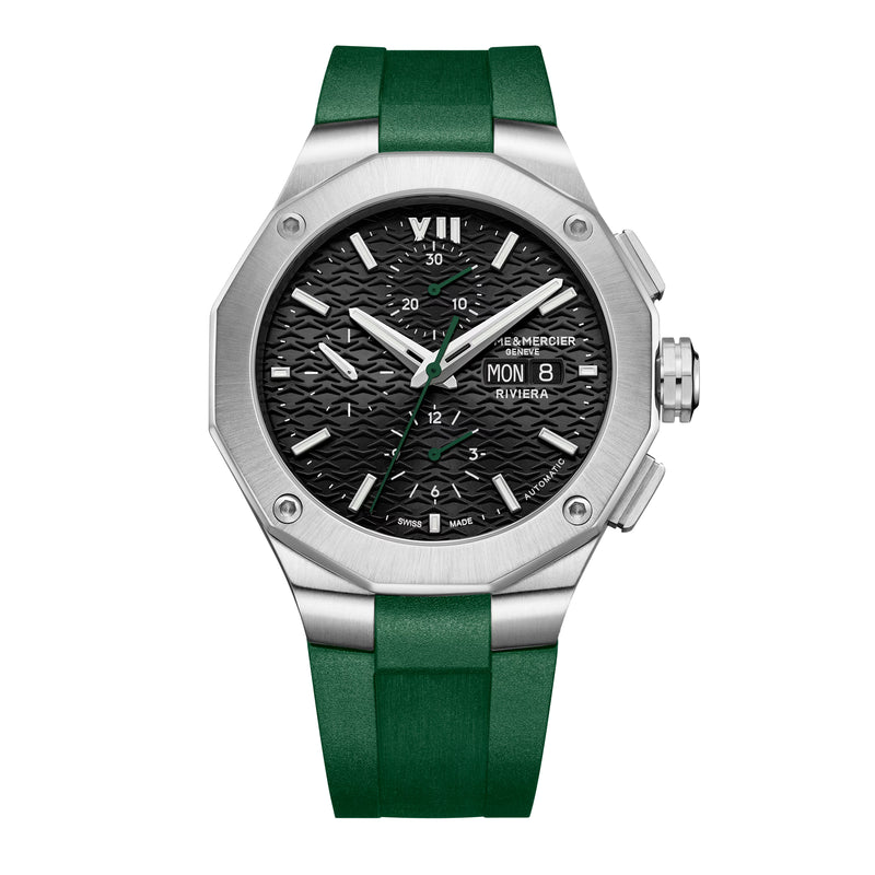 Baume & Mercier: Riviera 10799 - Cronografo automatico da uomo con cassa in acciaio da 43MM, quadrante nero con doppio indicatore giorno-data a ore 3 e cinturino in cauciù verde.