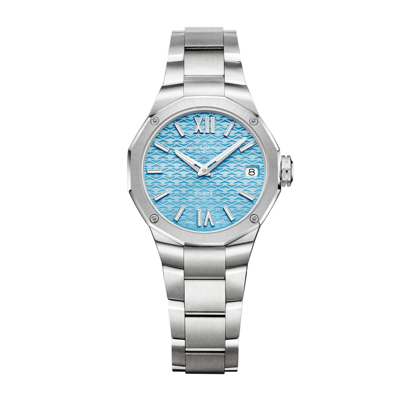 Baume & Mercier: Riviera 10811 - Orologio al quarzo da donna con cassa da 33MM, quadrante azzurro e cinturino in acciaio.