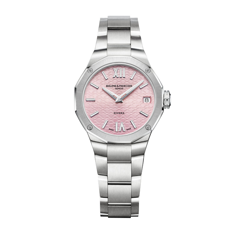 Baume & Mercier: Riviera 10812 - Orologio al quarzo da donna con cassa da 33MM, quadrante rosa e cinturino in acciaio.