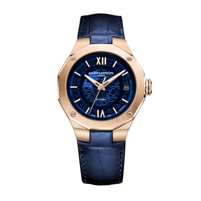Baume & Mercier: Riviera 10815 - Orologio automatico da uomo con cassa in oro rosa da 39MM, quadrante blu e cinturino in pelle blu.