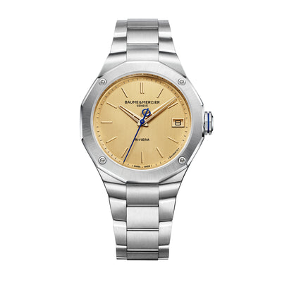 Baume & Mercier: Riviera 10822 - Orologio automatico da uomo con cassa da 39MM, quadrante oro e cinturino in acciaio.