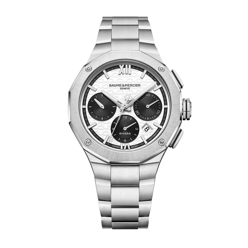 Baume & Mercier: Riviera 10827 - Cronografo automatico da uomo con cassa da 41MM, quadrante bianco e contatori neri, cinturino in acciaio.