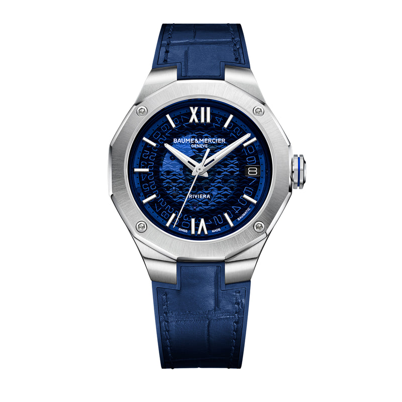 Orologio Riviera 10714 Baume & Mercier con cassa da 39MM, quadrante trasparente blu, cinturino in pelle di alligatore blu e movimento di manifatura Baumatic.
