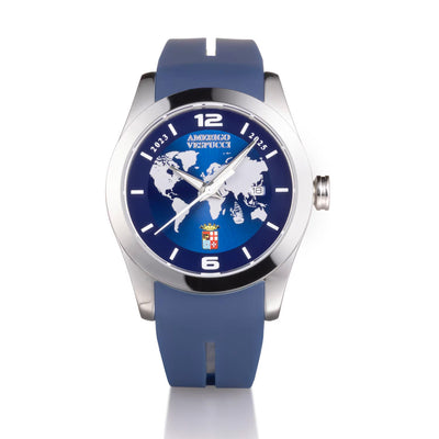 Orologio Locman Island Amerigo Vespucci con Cassa in acciaio da 40MM, Cinturino in silicone blu, Quadrante Blu con planisfero stampato e Movimento solo tempo al quarzo.