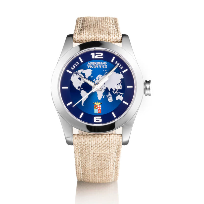 Orologio Locman Island Amerigo Vespucci con Cassa in acciaio da 40MM, Cinturino in tela Olona, Quadrante Blu con planisfero stampato e Movimento solo tempo al quarzo.