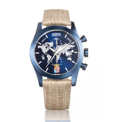 Orologio Locman Island Crono Amerigo Vespucci con Cassa in PVD Blu da 40MM, Cinturino in tela Olona, Quadrante Blu con planisfero stampato e Movimento Cronografo al quarzo.