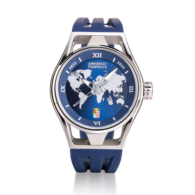 Orologio Locman Montecristo Amerigo Vespucci con cassa in acciaio e titanio da 42MM, cinturino in silicone blu, ​​quadrante blu con planisfero stampato e movimento automatico svizzero.