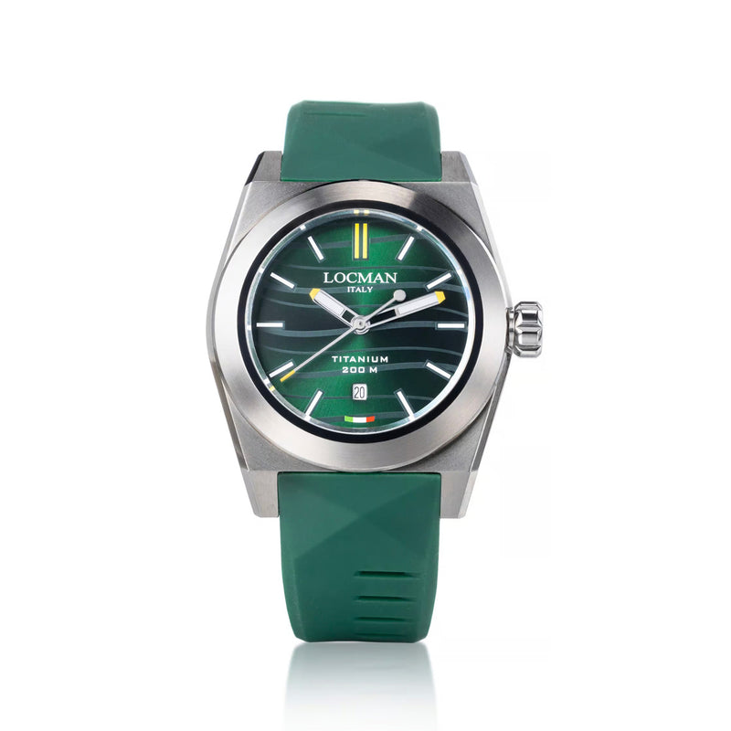 Orologio Locman Stealth Titanio con Cassa in titanio da 42MM, Cinturino in silicone verde, Quadrante Verde Sunray con data a ore 6 e Movimento solo tempo al quarzo.