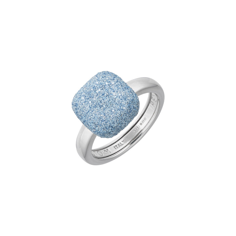 Anello Pesavento in argento rodiato modello cabochon ricoperto con la nuova polvere di silicio color Azzurro Caraibi.