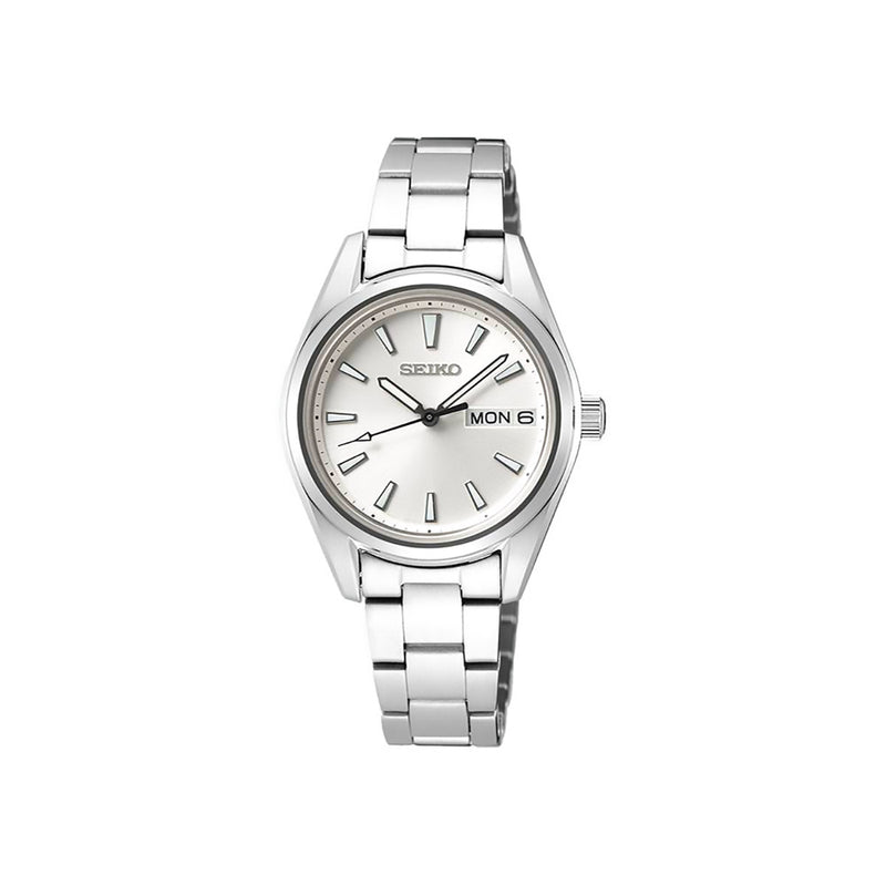 Orologio Seiko CLASSIC SUR349P1 da donna. Cassa in acciaio da 29,8 mm con movimento a quarzo, quadrante argentato con data a ore 3 e cinturino in acciaio.