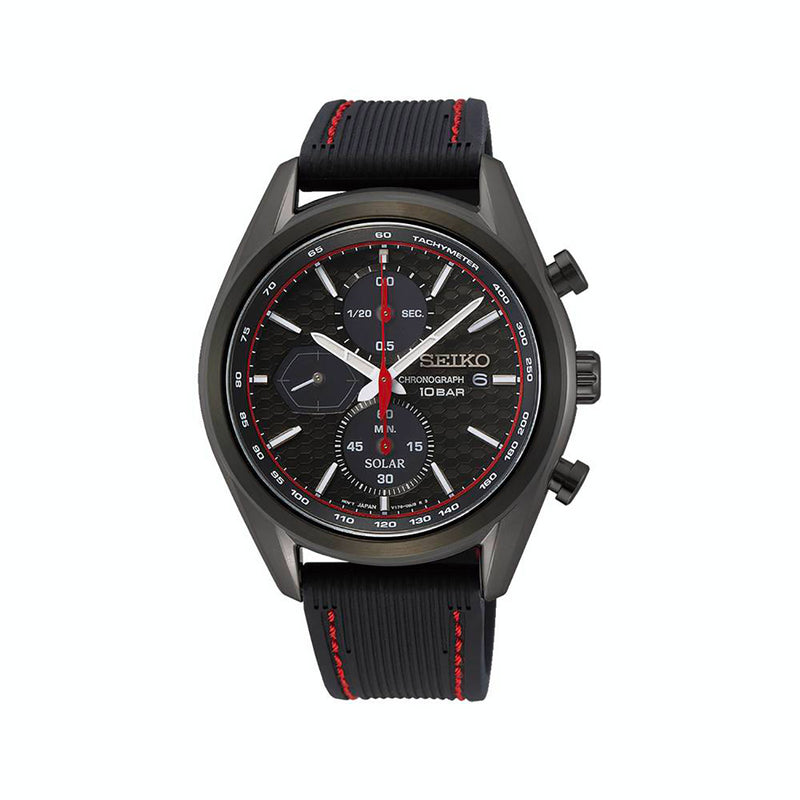 Orologio Seiko SPORT CRONOGRAFO SOLAR da uomo a quarzo con carica solare. Cassa in acciaio da 41 mm, quadrante nero con dettagli bianchi e rossi. Cinturino in silicone nero.