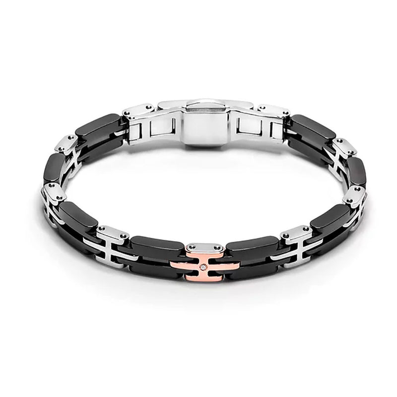 Bracciale Barakà da uomo in Oro rosa, Ceramica nera, Acciaio e Diamante da 0,01 ct. Chiusura tripla pieghevole con pulsante.