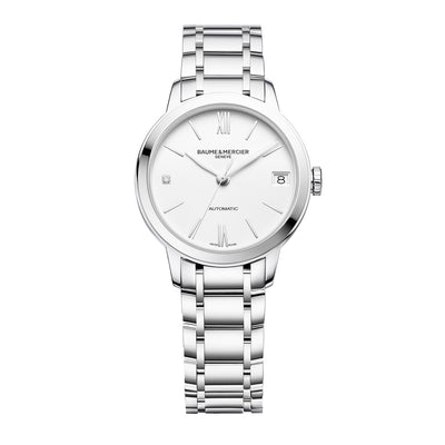 Orologio Classima 10312 da donna con quadrante bianco e cinturino in Acciaio. Cassa da 31MM e movimento Automatico di Manifattura svizzera Baume & Mercier.