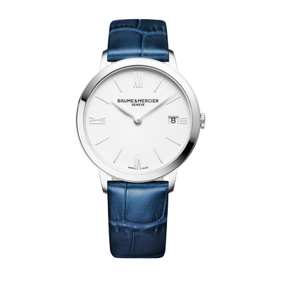 Orologio Classima 10355 da donna con quadrante Bianco, cinturino in Vitello Blu e Cassa da 36,5 MM. Movimento al Quarzo di manifattura Baume & Mercier.