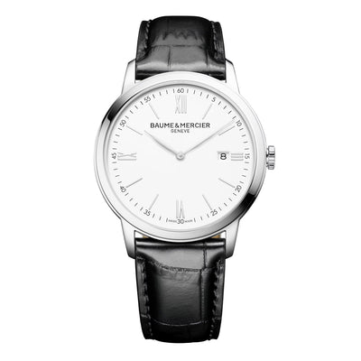 Orologio Classima 10414 da uomo con Quadrante bianco, cinturino in pelle nera e Cassa da 42MM. Movimento a Quarzo di manifattura svizzera Baume & Mercier.