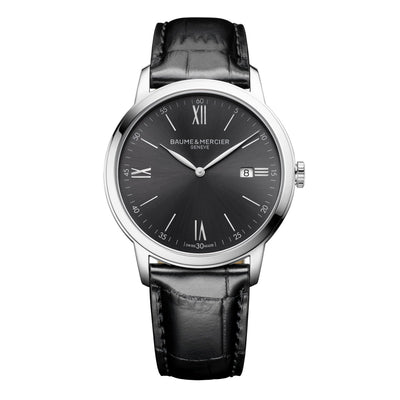 Orologio Classima 10416 da uomo con Quadrante grigio e cinturino in pelle nera. Cassa da 42MM e movimento a Quarzo di manifattura svizzera Baume & Mercier.