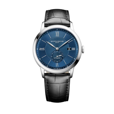 Orologio Classima 10480 da uomo con quadrante blu e cinturino in Pella Nera. Cassa da 42MM con movimento Automatico di manifattura Baume & Mercier.