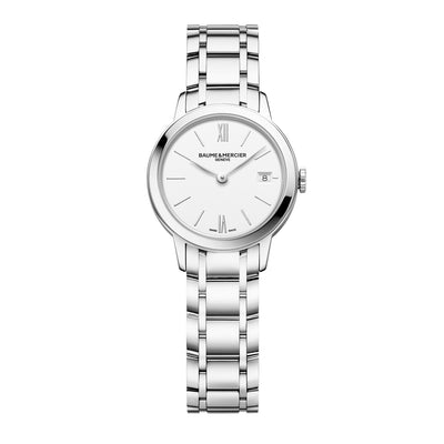 Orologio Classima 10489 da donna con quadrante Bianco e cinturino in acciaio. Cassa da 27MM e movimento a Quarzo di manifattura svizzera Baume & Mercier.