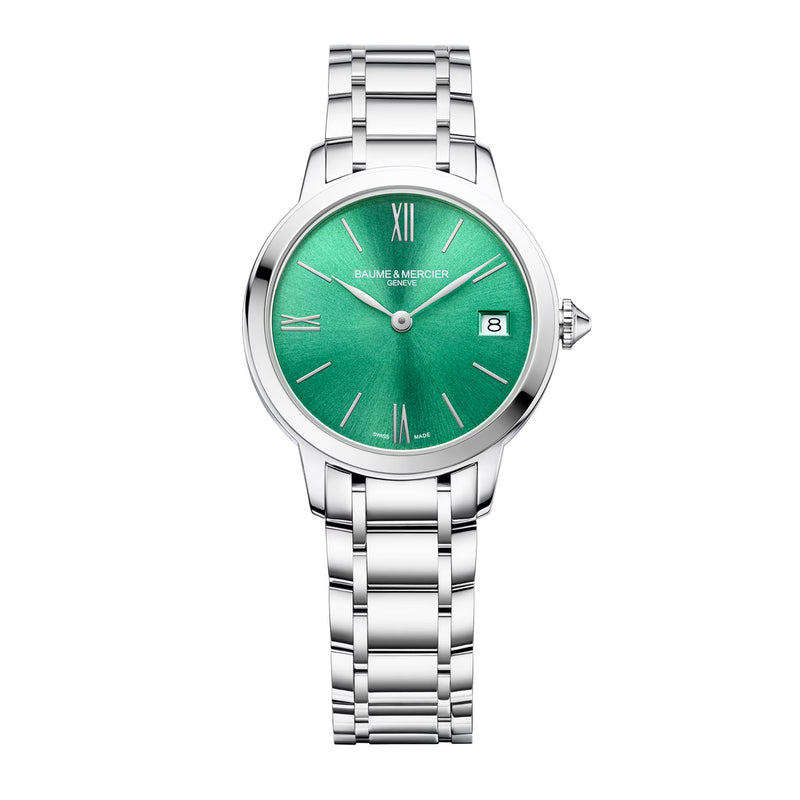 Orologio Classima 10609 da donna con Cassa da 31MM e cinturino in Acciaio. Quadrante verde chiaro e movimento al Quarzo di manifattura svizzera Baume & Mercier.