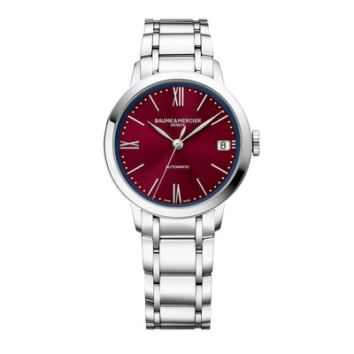 Orologio Classima 10691 da donna con quadrante Bordeaux e cinturino in Acciaio. Cassa da 34MM e movimento Automatico di manifattura svizzera Baume & Mercier.