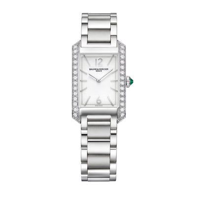 Orologio Hampton 10631 da donna con cassa rettangolare e diamanti incastonati. Quandrante bianco, cinturino in acciaio e movimento al Quarzo di manifattura svizzera Baume & Mercier.