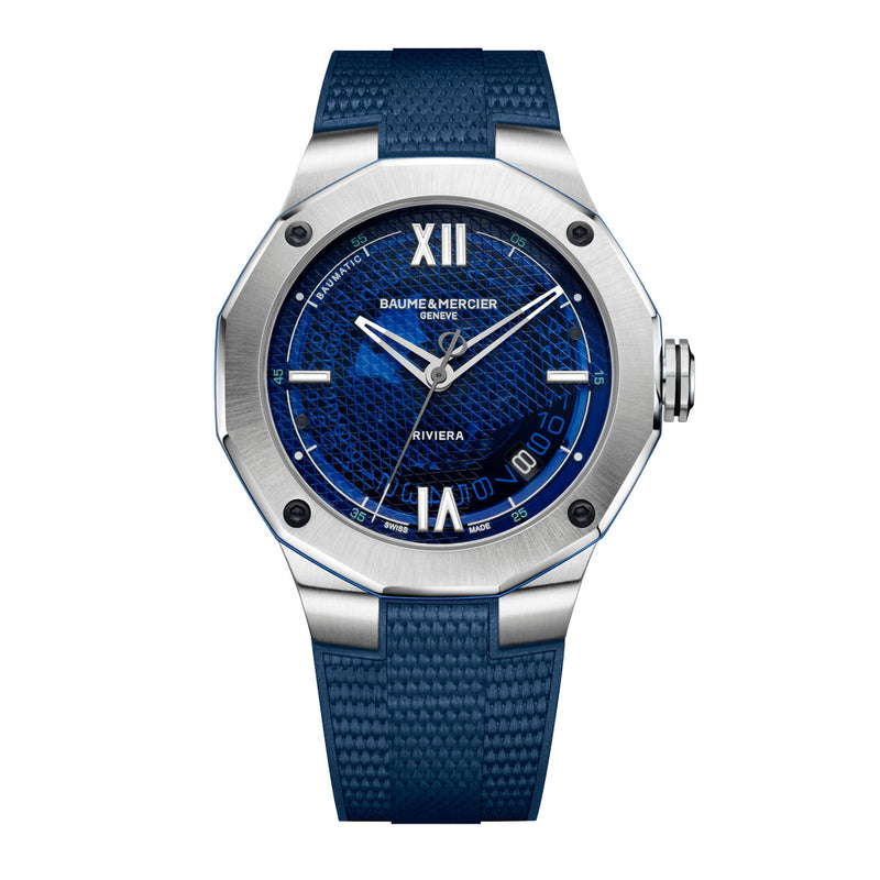 Orologio Riviera 10701 Baume & Mercier con quadrante trasparente blu, Cinturino in caucciù blu e movimento di manifatura Baumatic.