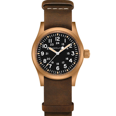 Orologio Khaki Field con Cassa in Bronzo da 38MM, cinturino Nato marrone. Quadrante Nero e Movimento Meccanico di manifattura svizzera Hamilton Watch.