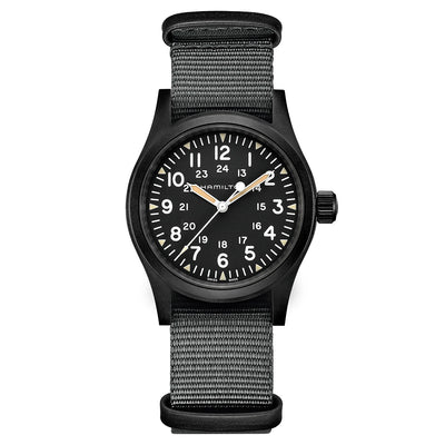 Orologio Khaki Field unisex con Cassa da 38MM in PVD Nero, cinturino Nato grigio e nero. Quadrante Nero e Movimento Meccanico di manifattura svizzera Hamilton Watch.