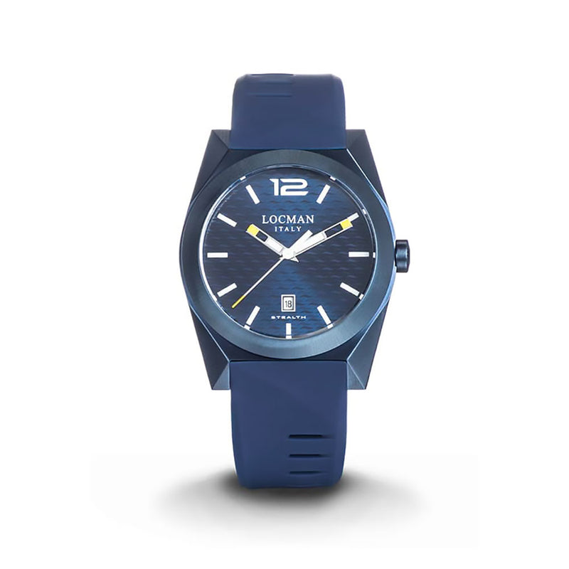 Orologio Locman Stealth da uomo con Cassa in acciaio e titanio con trattamento in PVD blu da 41MM, Cinturino in silicone blu, Quadrante blu con data a ore 6 e Movimento solo tempo al quarzo.