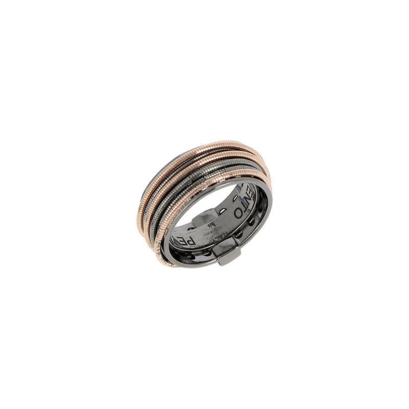 Anello a fascia da donna composto dai tanti fili tubolari in Argento 925 con finitura bicolore Rutenio-Oro rosa. Un gioiello della collezione DNA Spring Pesavento.