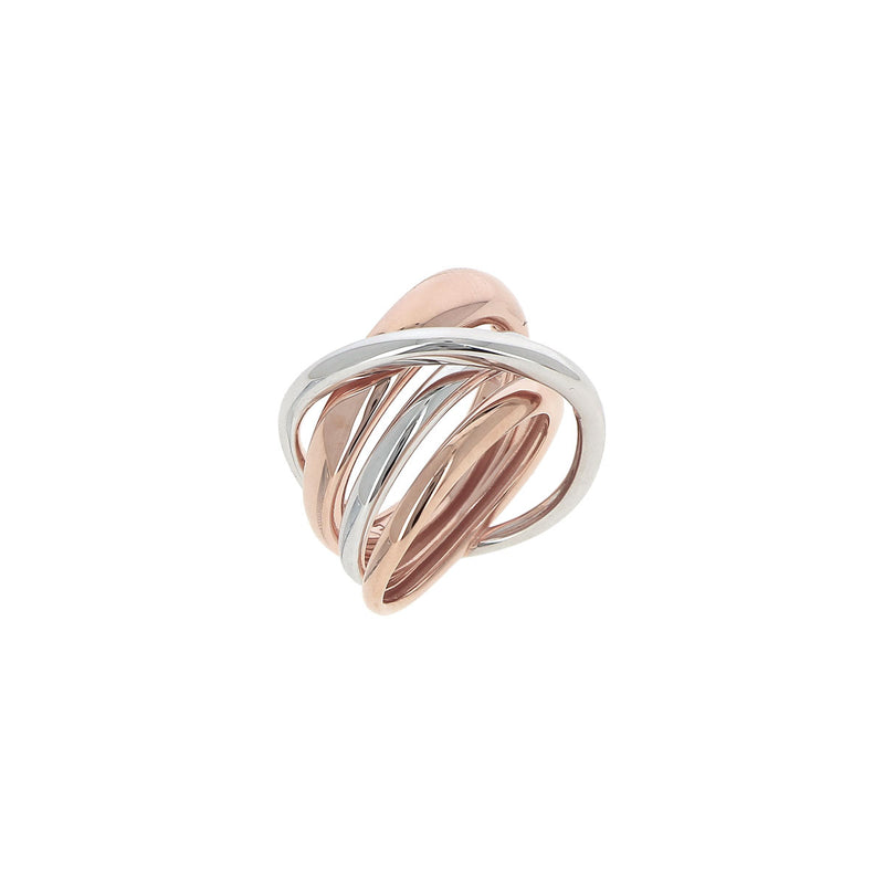 Anello intreccio da donna composto dai 4 fili in Argento bicolore Rodio-Oro rosa. Un gioiello esclusivo e innovativo creato da Pesavento.