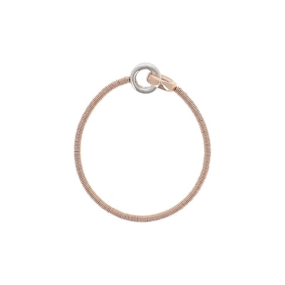Bracciale elastico in Argento con due ciondoli intrecciati rifiniti in oro rosa-rodio. Un gioiello esclusivo e innovativo della collezione ELEGANCE Pesavento.