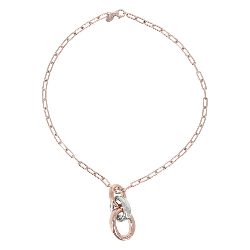 Collana a maglie Pesavento con tre cerchi al centro in argento bicolore rodio-oro rosa. Chiusura con moschettone.