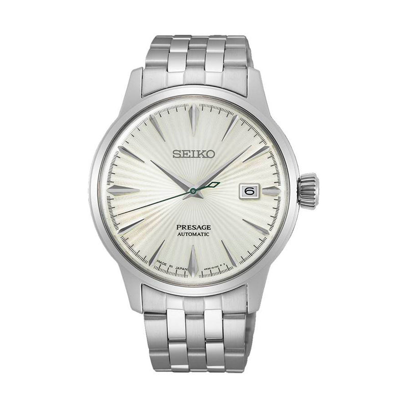 Orologio Presage Cocktail, il segnatempo Seiko da uomo ispirato al Martini bianco. Cassa da 40.5MM,  cinturino in acciaio e quadrante grigio con data a ore 3. Movimento automatico con 41 ore di riserva di carica. 