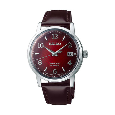 Presage Cocktail è l'orologio Seiko da uomo ispirato al Negroni. Cassa da 38.5MM con quadrante rosso con data a ore 3, cinturino in pelle marrone e movimento automatico.